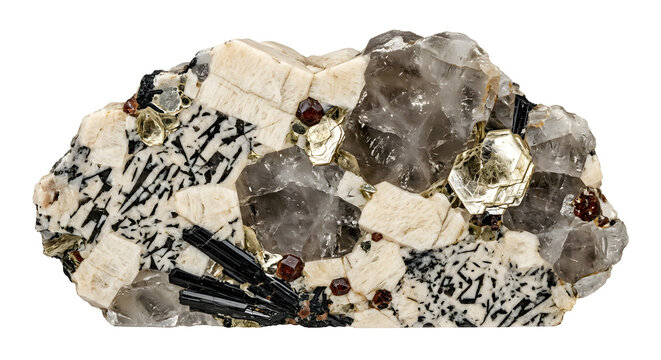 Detailed Cross-Section of a Pegmatite Crystal Cluster: Scientific Mineral Render Isolated on White