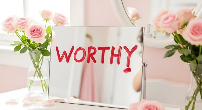 Worthy Self Value and Personal Confidence Concept Displayed on Elegant Mirror with Floral Background Inspiring Self Esteem Growth and Positive Mindset