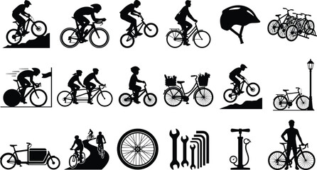 Fototapeta premium Cycling and Bicycle Vector Silhouette Icons Collection for Outdoor Sports Design