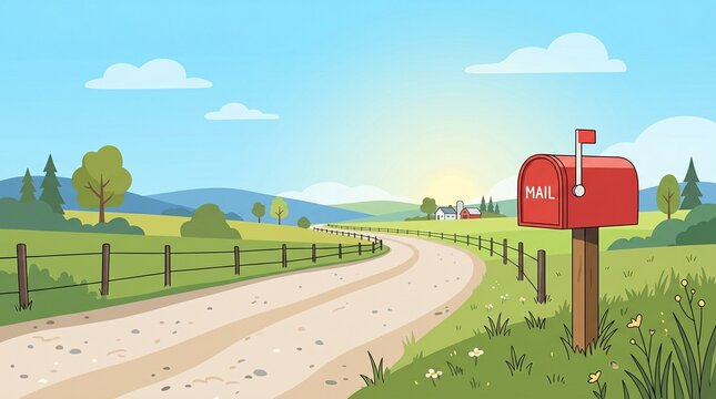 A picturesque rural landscape scene with a classic red mailbox at the side of a dirt road, evoking a sense of nostalgia and connection to nature, AIzaSyCpXkJsiQLZ5Hp2dzaqREUqFVZei130Pf0