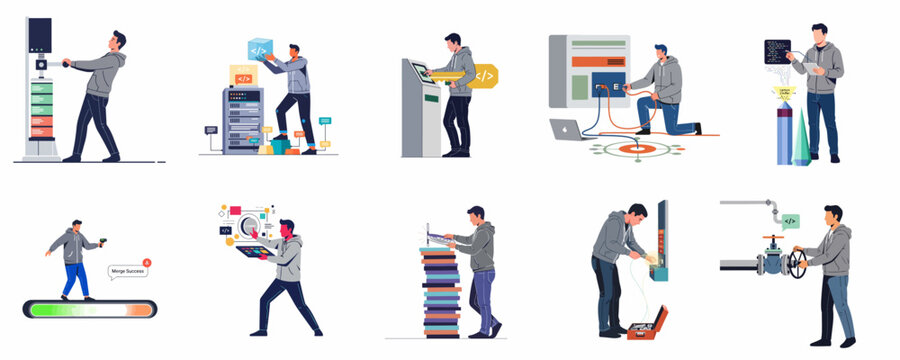 Set of Flat Vector Illustrations Showing a Software Developer Performing Technical Operations, Coding Tasks, and Systems Maintenance in a Modern Stylized Manner.