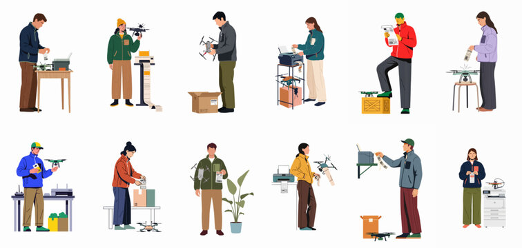Illustrations of people returning and processing drones for repair or exchange with printed labels and shipping boxes.