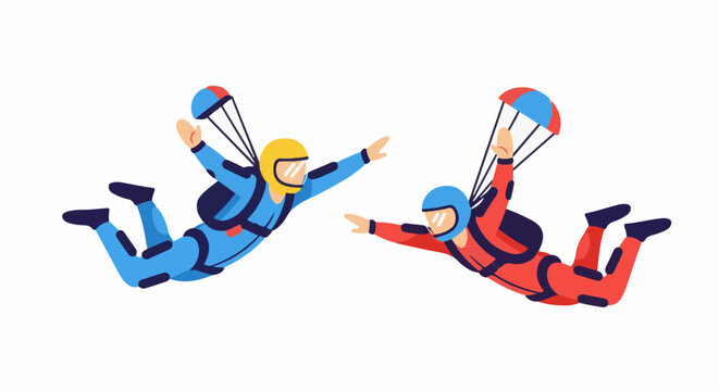 Two skydivers in colorful suits with open parachutes fall through the air
