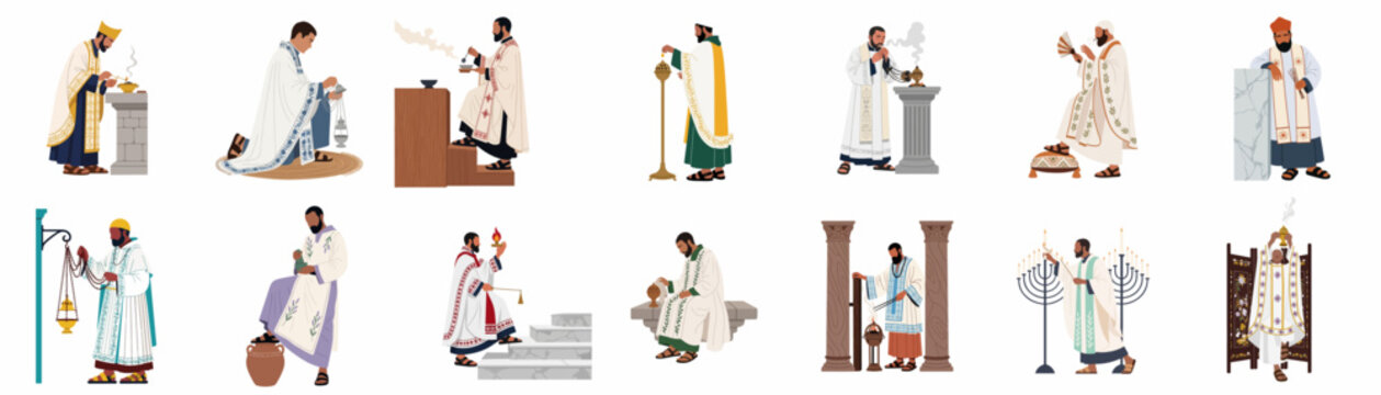 Collection of illustrations showing ancient priests performing sacred rituals with incense, candles, and offerings in traditional ornate robes.