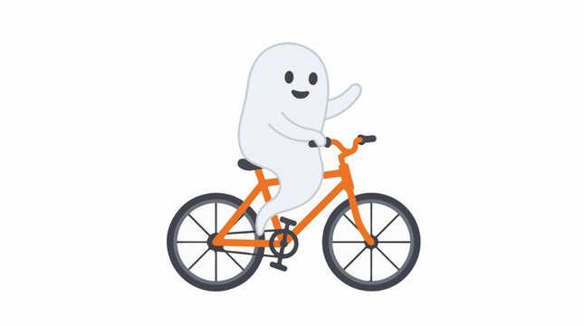 Playful pixelated ghost riding an orange bicycle, waving hello
