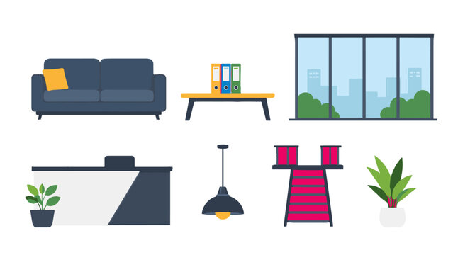 Modern office furniture and interior elements vector set