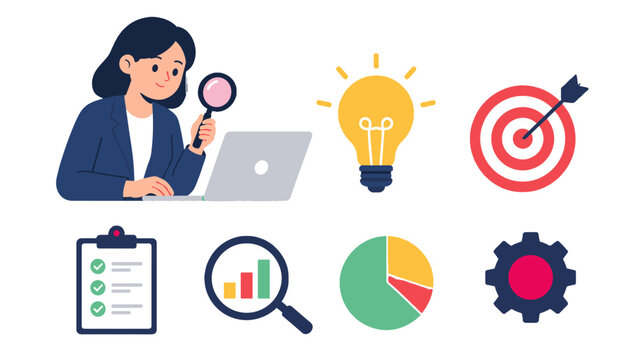 Business analysis and strategy icons with woman at laptop