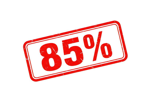 Eighty five percent discount rubber stamp impression in red ink with distressed texture for retail sales and promotional marketing campaigns today isolated on a transparent background