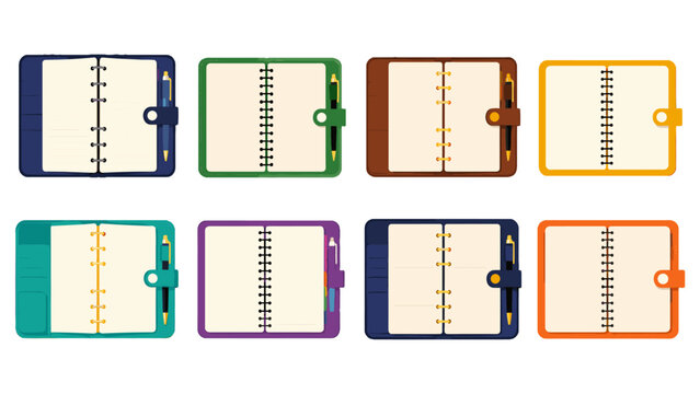 Colorful open ring binder notebooks set in flat vector style