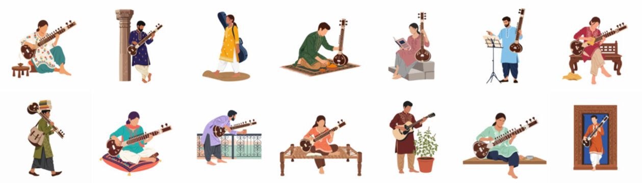A collection of vector illustrations showing diverse Indian men and women in traditional attire playing, carrying, and learning the sitar and guitar.