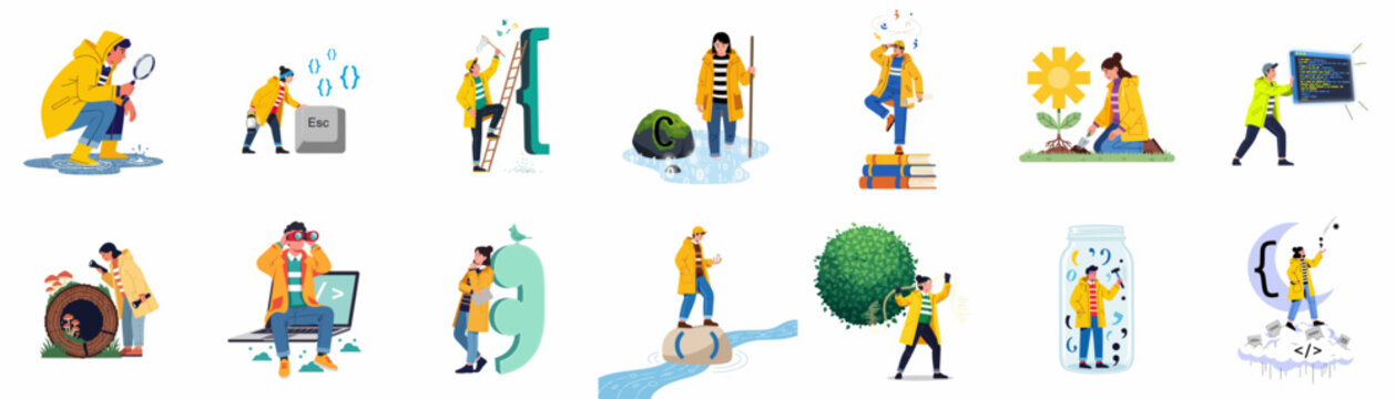 Collection of metaphorical illustrations showing programmers in yellow raincoats exploring, debugging, and interacting with code symbols, binary data, and digital technology concepts.