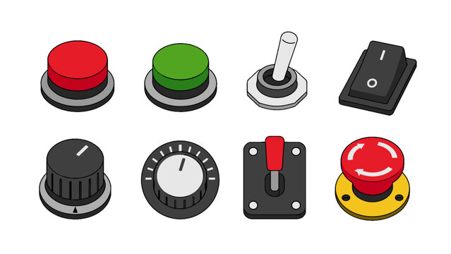 Set of industrial buttons switches and control knobs icons