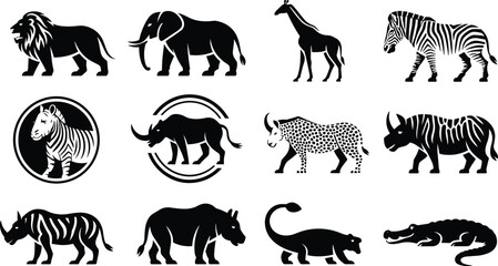 African wildlife silhouettes with lion, elephant, giraffe, zebra, buffalo, cheetah, rhino, hippo, crocodile, scorpion, black figures illustration © MOSTSHAHANAJ