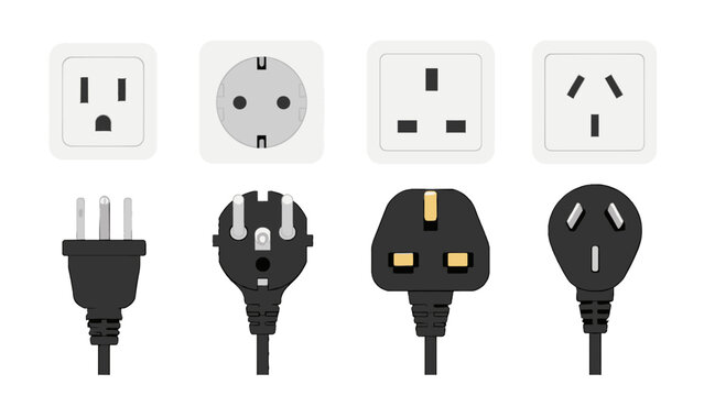 Set of international electrical plugs and wall outlets icons