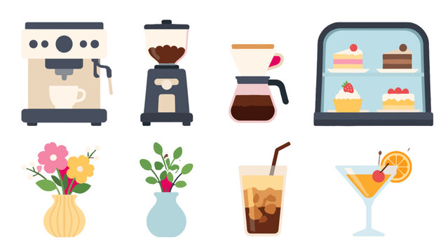 Cafe drink and dessert icons with flowers in flat vector style