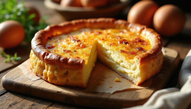 Golden cheese pie with fluffy interior made from phyllo dough and fresh eggs. Delicious homemade banitsa served on wooden board. Ready to eat, perfect for breakfast.