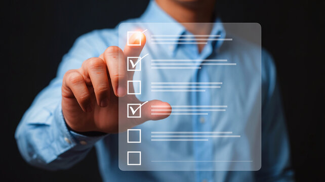 Checklist Interaction: A man in a blue shirt interacts with a digital checklist, his finger pressing a checkbox on a virtual screen, signifying task completion and organization.