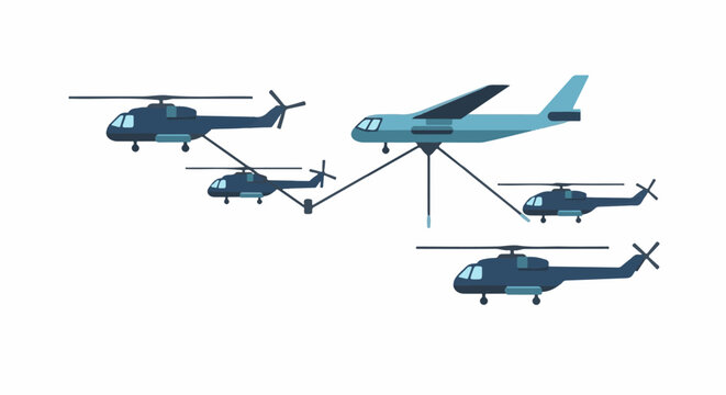Multiple helicopters escorting a large aircraft in a synchronized flight