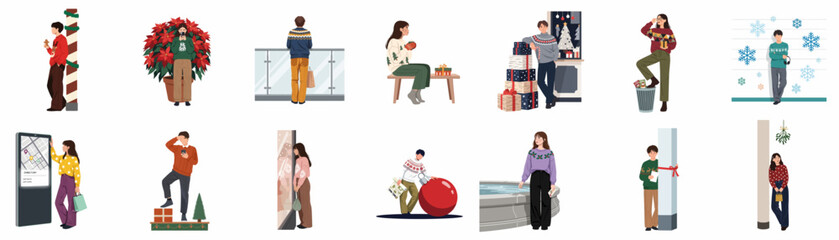Obraz premium Diverse collection of people in festive winter clothing engaged in Christmas shopping, gift-giving, and holiday activities, presented in a flat vector illustration style.