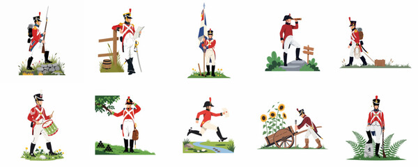 Fototapeta premium Set of Ten Flat Illustrations Depicting British Napoleonic Era Soldiers in Various Historical Military Poses and Duties