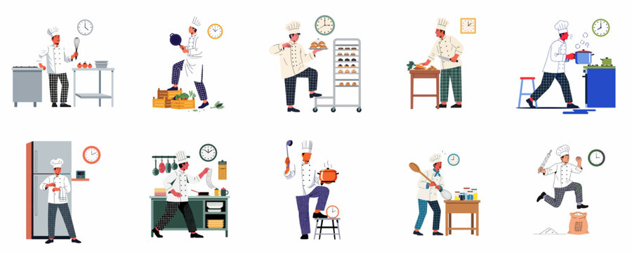 Set of illustrations depicting stressed and busy professional chefs working under pressure and time constraints in a commercial restaurant kitchen environment.