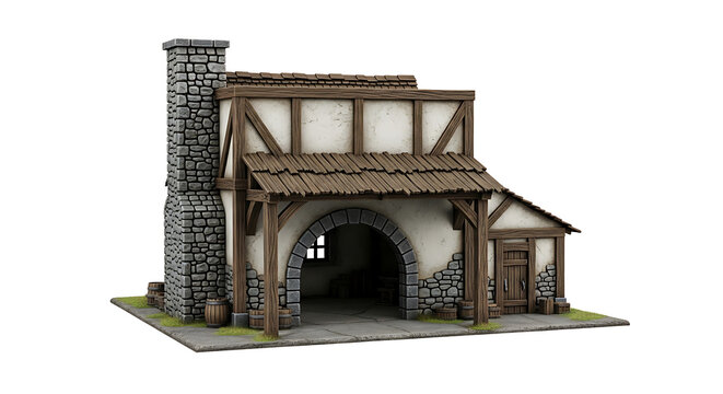 Detailed miniature medieval blacksmith forge house model isolated on a transparent background, medieval house