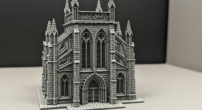 Detailed miniature gothic cathedral model isolated on a transparent background, miniature architecture