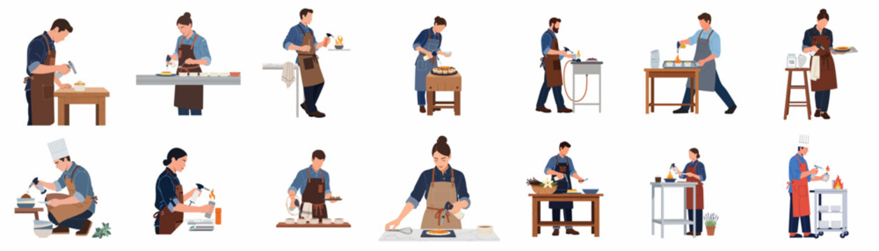 Flat vector illustration set of professional chefs and pastry cooks using kitchen blowtorches to caramelize and finish various gourmet desserts on tables.
