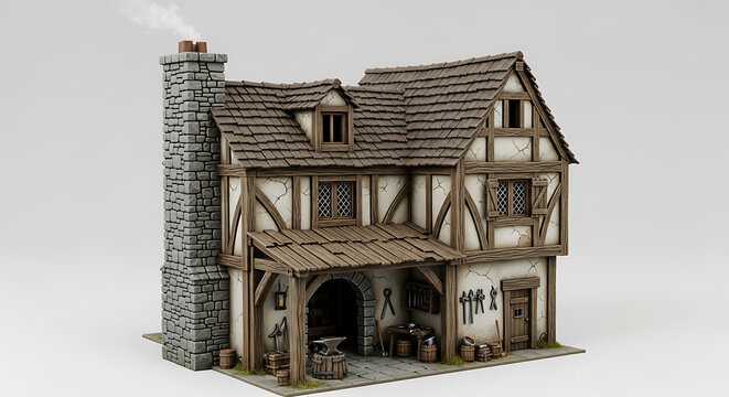 Detailed miniature tudor-style half-timbered house model isolated on a transparent background, medieval house