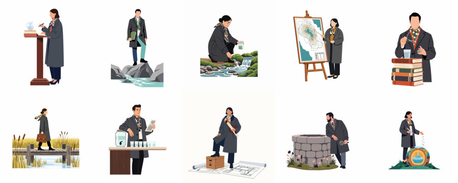 Collection of flat vector illustrations depicting hydrologists and environmental scientists conducting water research, conservation, and professional field work.