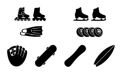 Sports Equipment Icons: Roller Skates, Ice Skates, Fins, Wheels, Mitt, Snowboard, Surfboard Vector Set © Sijan