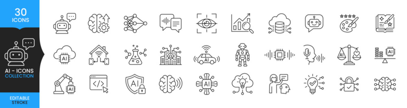 Artificial Intelligence AI Icons Set, Machine Learning, Chatbot, Neural Network, Automation and Robotics Line Vector Collection