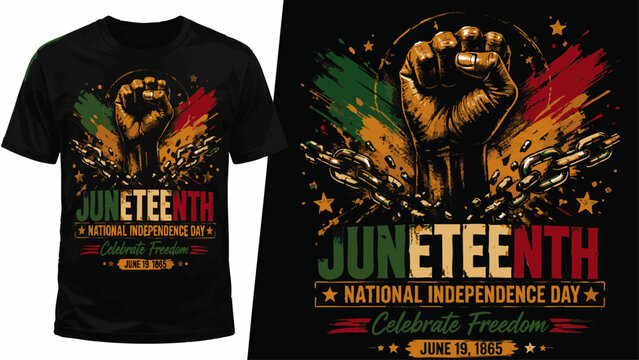 Juneteenth National Independence Day T Shirt Design with Raised Fist and Broken Chains