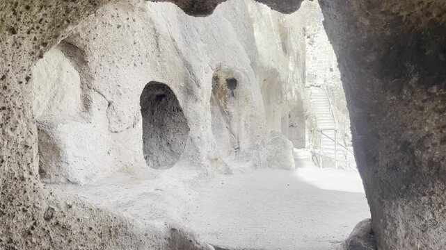Tilt up inside a cave in Vardzia Georgia monastery Carved into Erusheti Mountain Cliffside