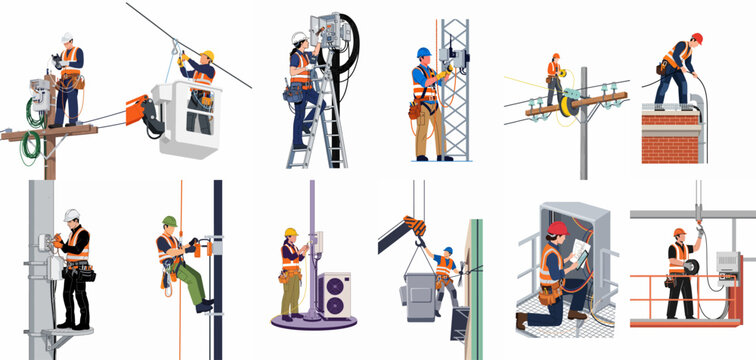 Set of Professional Utility Workers and Electricians Performing Maintenance and Installation on Power Lines, Electrical Panels, and Infrastructure.