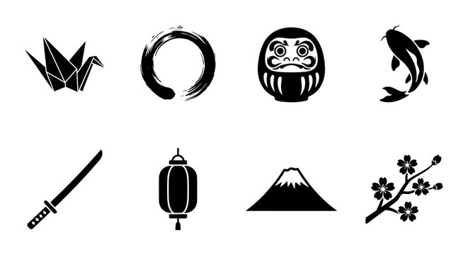Japanese Icons Collection: Origami Crane, Zen Circle, Daruma Doll, Koi Fish, Samurai Sword, Lantern, Mt. Fuji, Cherry Blossom Vector Set