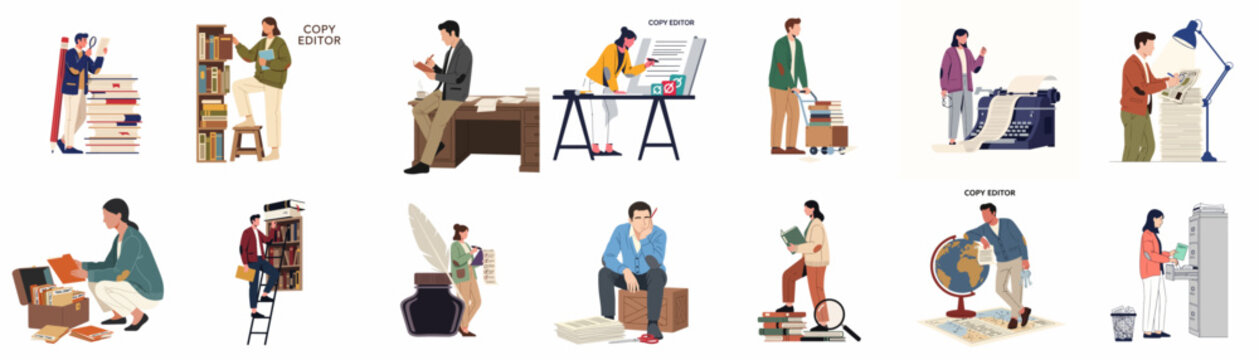 Collection of flat illustrations showing people working as copy editors, writers, researchers, and librarians organizing books and documents in a professional setting.