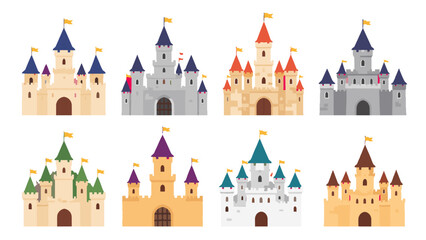 Set of colorful fantasy castle illustrations with flags © Alan