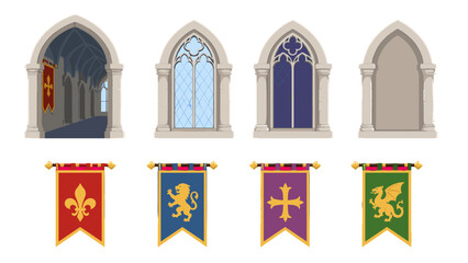 Naklejka premium Medieval castle windows arches and heraldic banners set