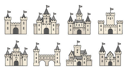 Set of simple medieval castle icons in hand drawn vector style © Alan