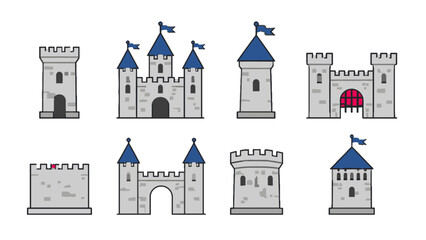 Set of medieval castle towers and gates in flat vector style © Alan