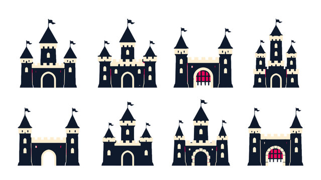 Set of medieval castle icons in flat vector style