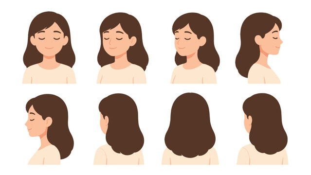 Woman character head views set with multiple profile angles