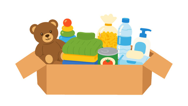 Donation box with toys, clothing, food, and hygiene supplies