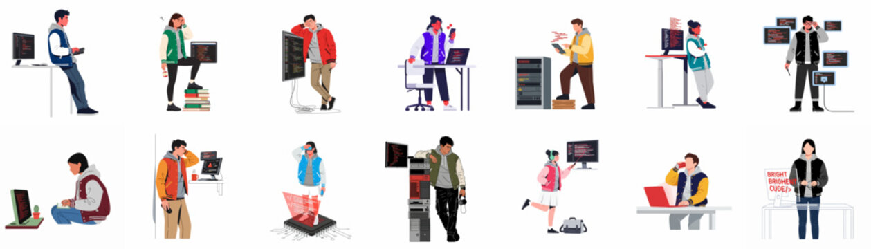 Set of diverse young software developers and IT specialists in varsity jackets engaged in various coding, debugging, and technology-related tasks, flat vector illustration.