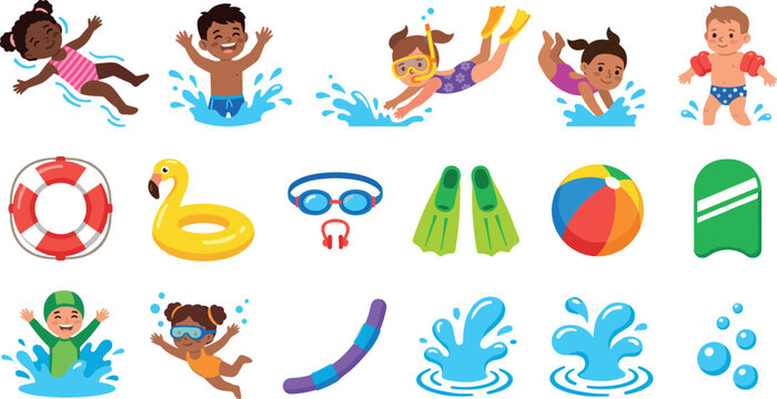 Kids Swimming and Summer Water Activities Vector Set Featuring Children Snorkeling, Pool Floats, Goggles, Flippers, and Beach Ball for Holiday Graphic Designs