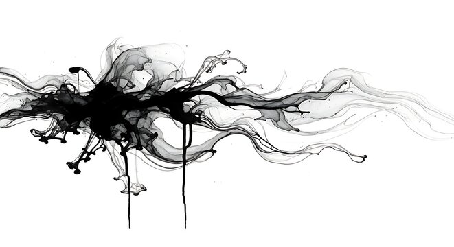 Abstract Black Ink Swirling and Dripping on White Background