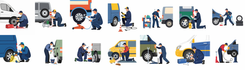 Fototapeta premium Collection of Vector Illustrations Featuring Professional Mechanics Performing Car Maintenance, Tire Inflation, and Vehicle Repairs on Delivery Vans