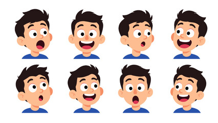 Set of cartoon boy faces with surprised and happy expressions © Alan
