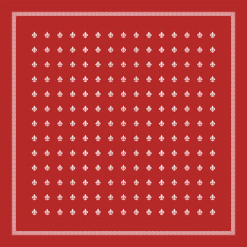 Vintage red bandana pattern featuring elegant fleur-de-lis ornamental motifs with classic border details. Timeless textile design with retro aesthetic, perfect for fashion prints, fabric backgrounds, 
